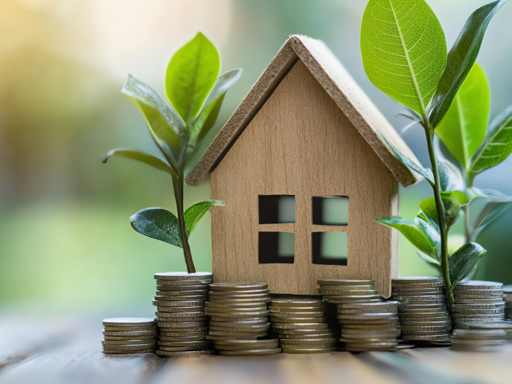 Houten huis omringd door planten en munten als symbool voor woningwaarde duurzaamheid en financiële groei
